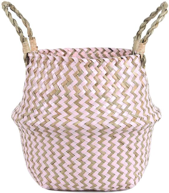 Seagrass Straw Woven Belly Basket with Woven Handles