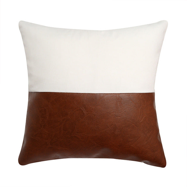 Della Geometric Accent Pillow Case Leather Cotton Mix Cushion Cover