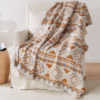 Aztec Hand-Knitted Throw Blankets with Tassels