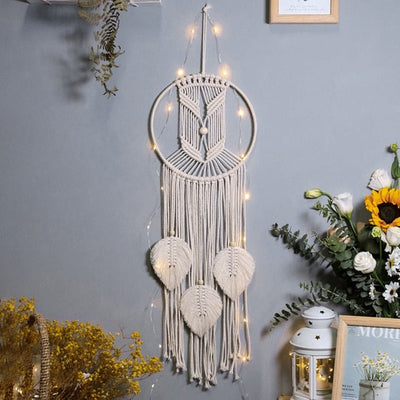 Macramo Dream Catcher-Wall Decoration-Wooden & Leafs (With Light)-Lighting, Wall Decoration-Artes Designs