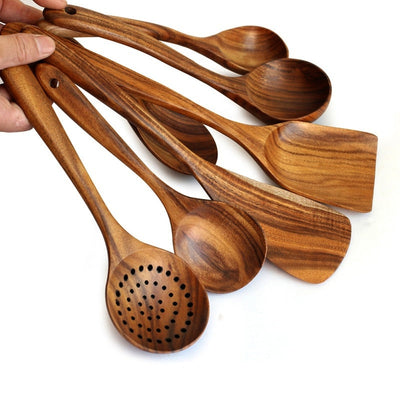 'Teak' Natural Wood Tableware-Kitchen-7pc-Dinnerware, Kitchen, Spoon Set, Table, Tableware-Artes Designs