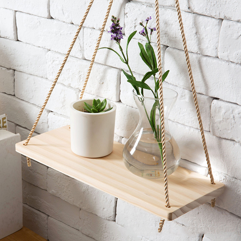 hanging shelves for plants Wooden Rustic Rope Hanging Shelf Floating Wall Bracket Flower Pot – Artes Designs