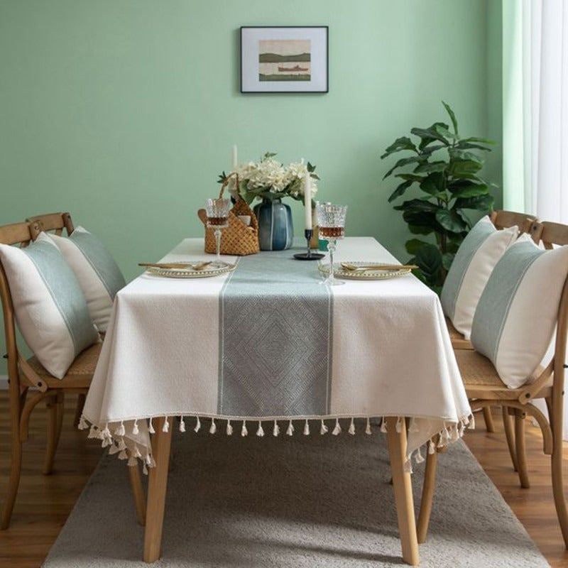 Rustic Embroidered Rectangular Tablecloths with Tassel Edge