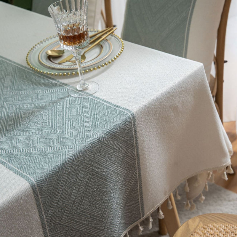 Rustic Embroidered Rectangular Tablecloths with Tassel Edge